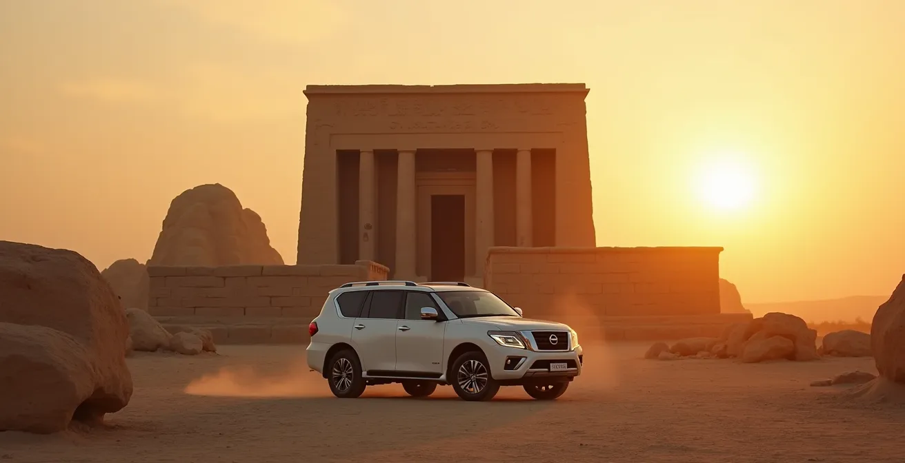 Véhicule 4x4 luxueux stationné devant un temple isolé au lever du soleil, sans autres touristes