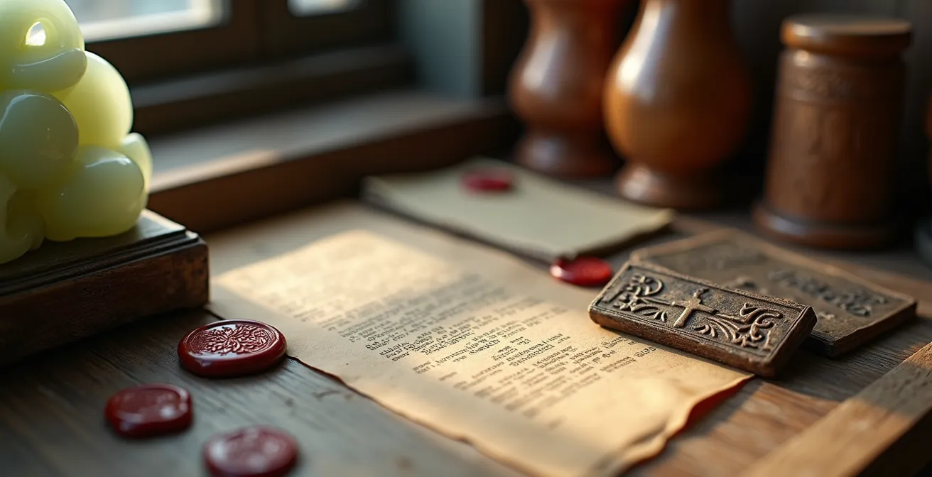 Bureau avec antiquités asiatiques et certificats officiels éparpillés sur une table en bois