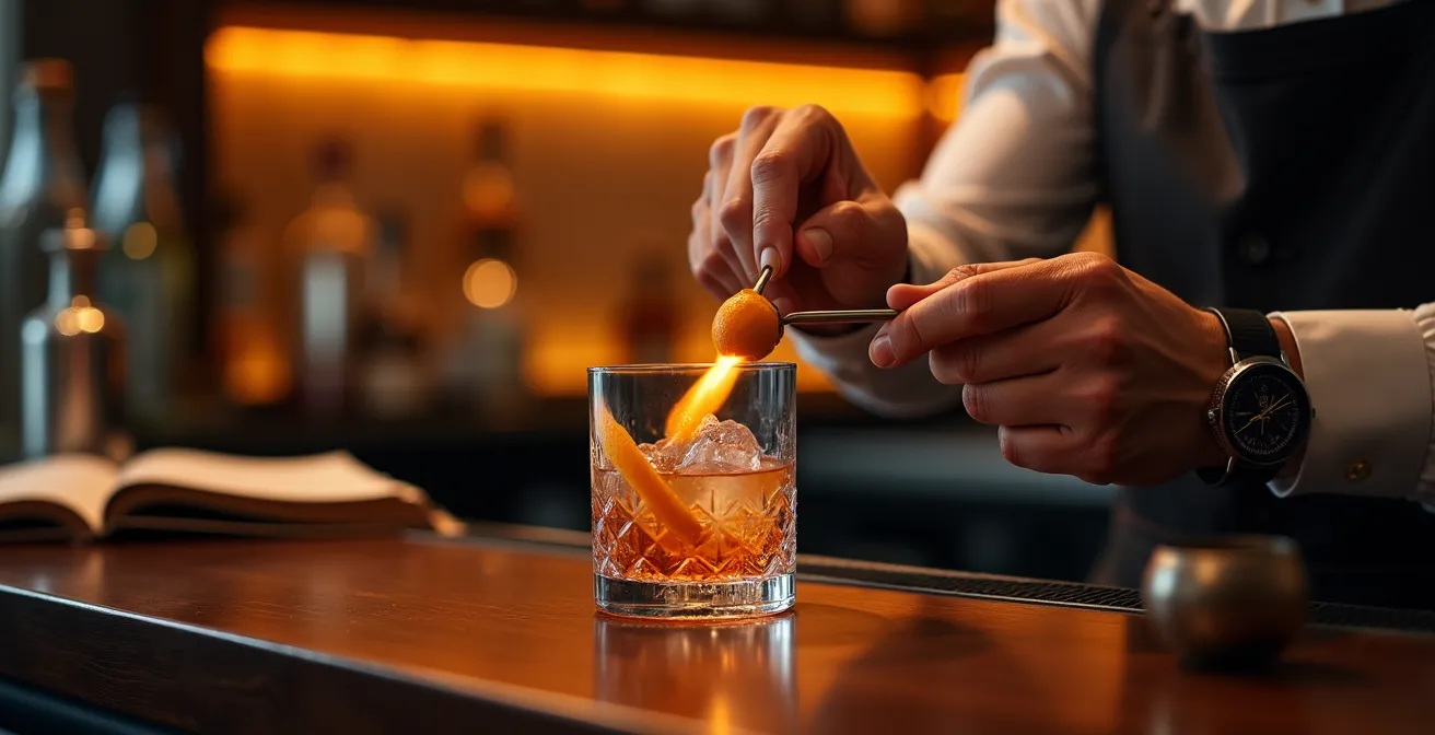 Barman expert préparant un cocktail sophistiqué avec technique professionnelle dans l'ambiance tamisée d'un bar caché
