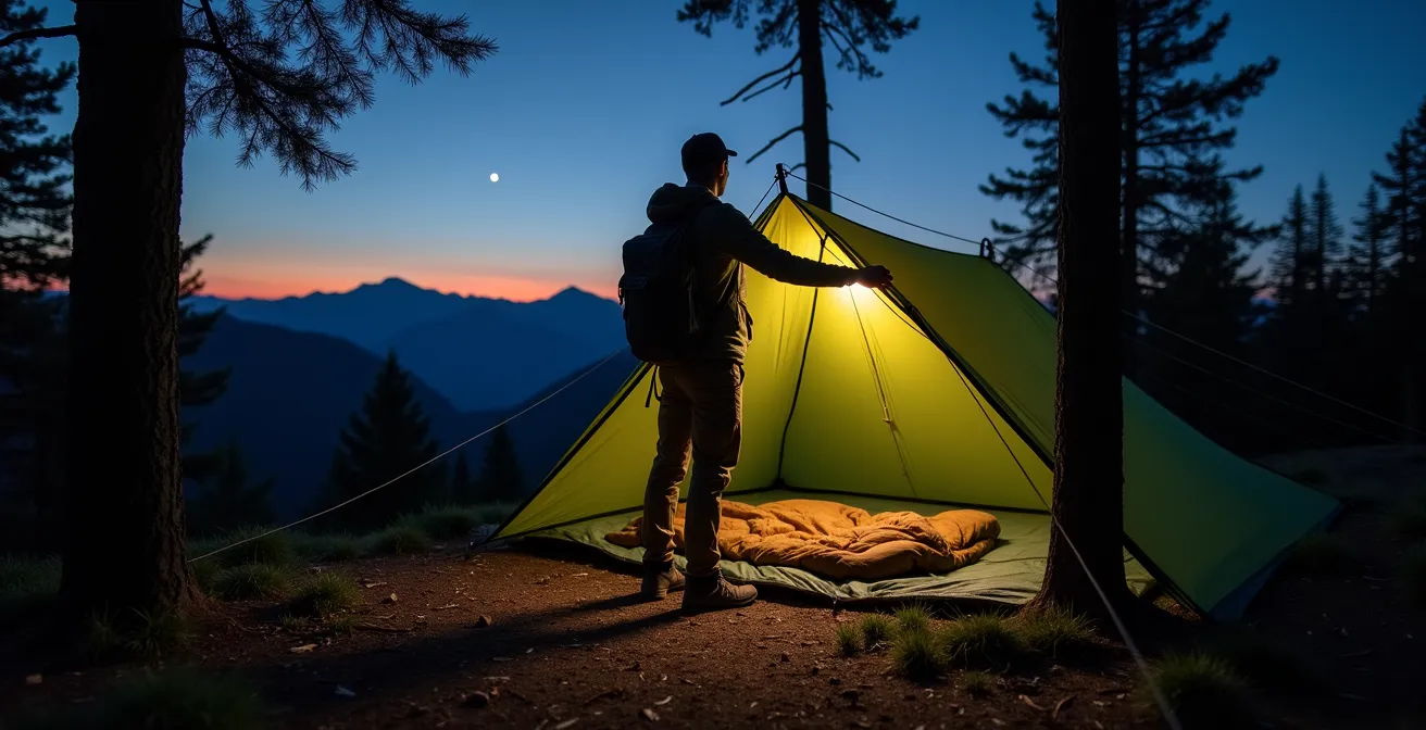 Installation de bivouac avec tarp tendu entre deux arbres au crépuscule en montagne