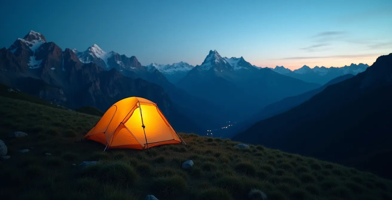 Petite tente de bivouac installée au crépuscule dans un cadre montagnard autorisé