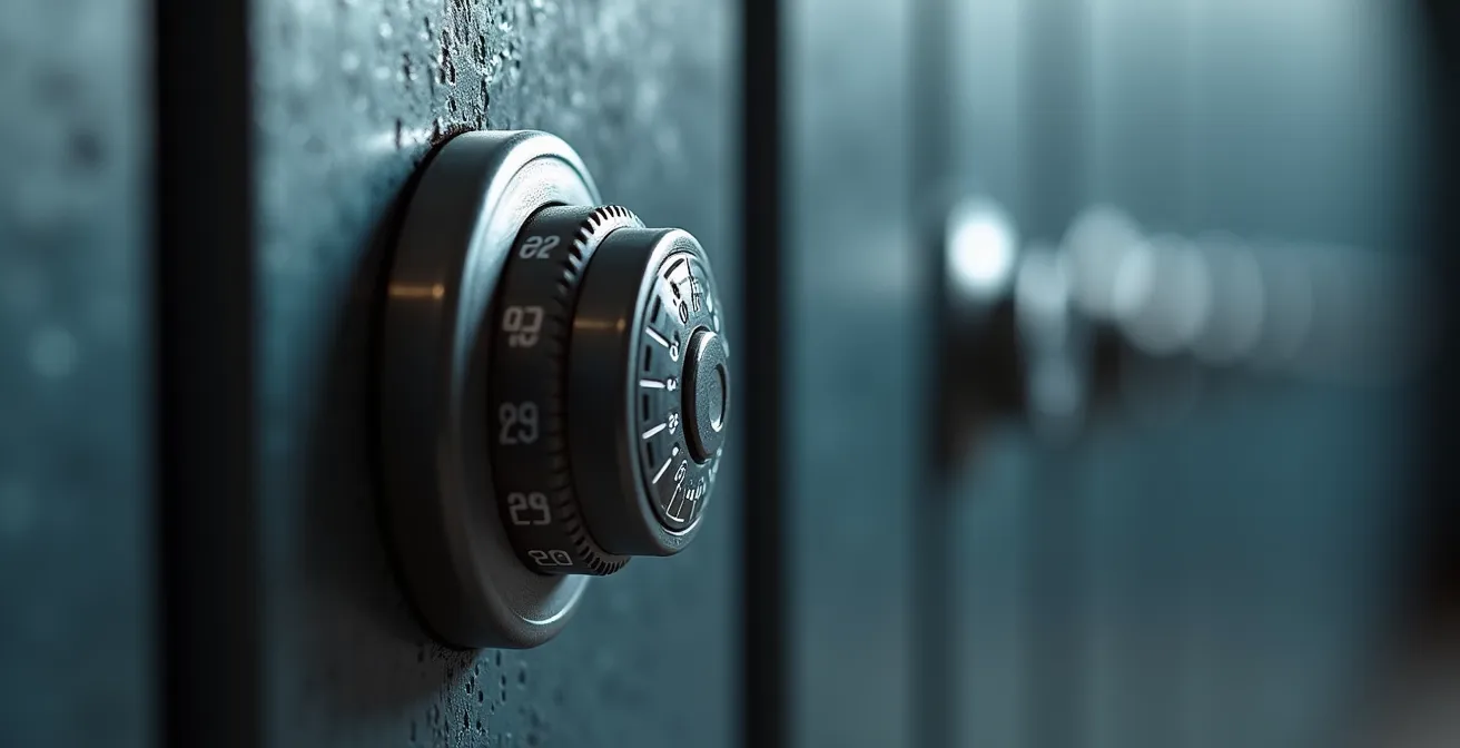 Gros plan sur un cadenas à code fixé sur un casier métallique dans une auberge de jeunesse