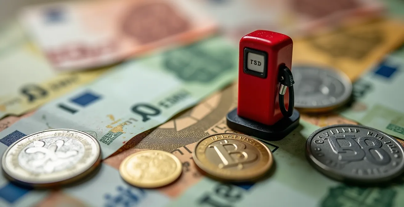 Composition macro de pièces et billets européens avec une pompe à essence miniature