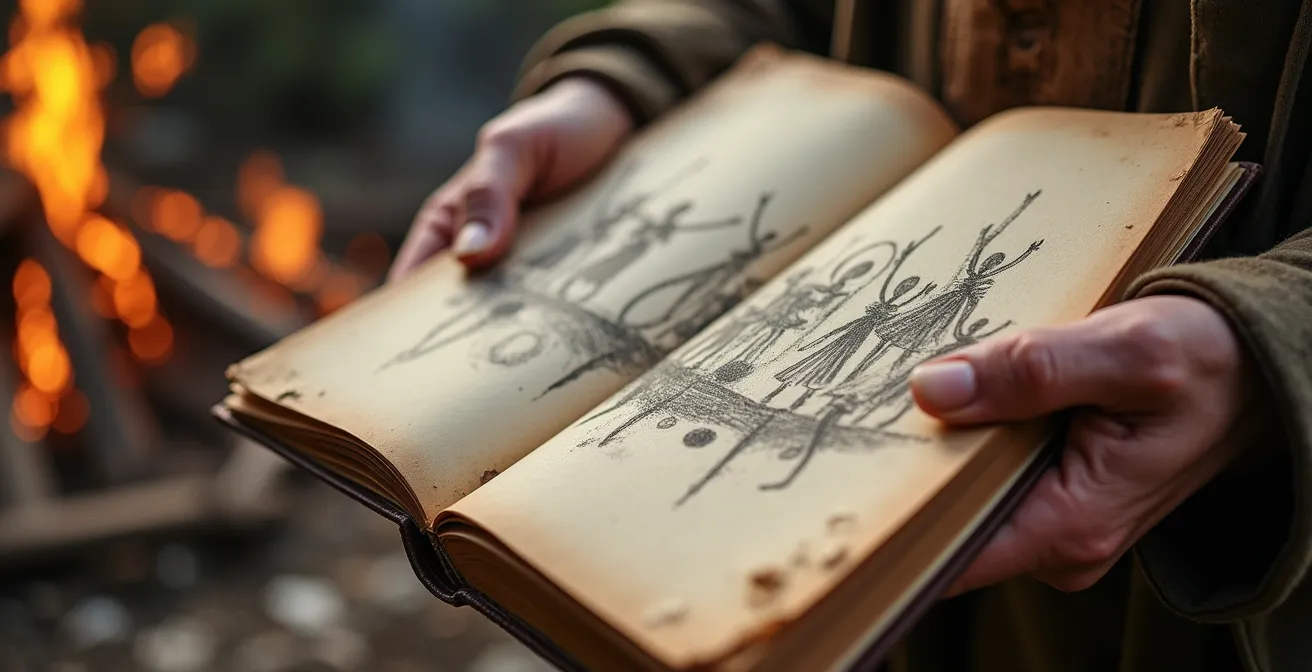 Mains tenant un carnet de croquis avec dessins respectueux d'une cérémonie traditionnelle