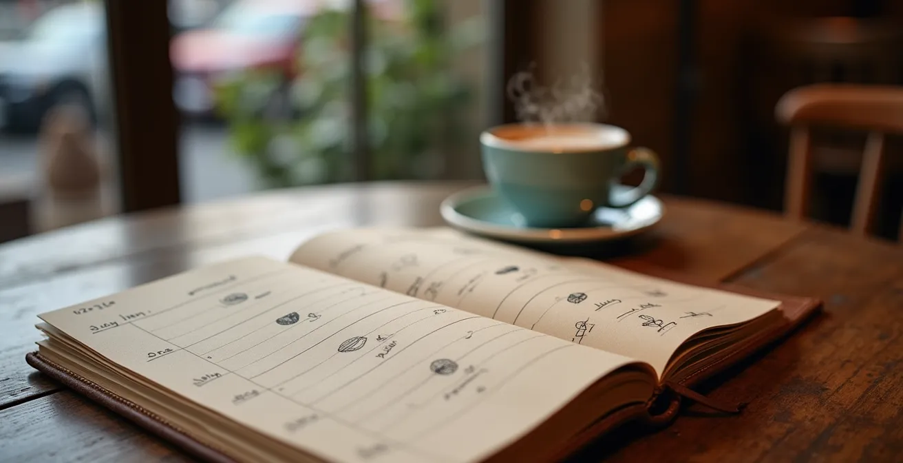 Carnet de voyage ouvert avec planning flexible et tasse de café sur table de bistrot