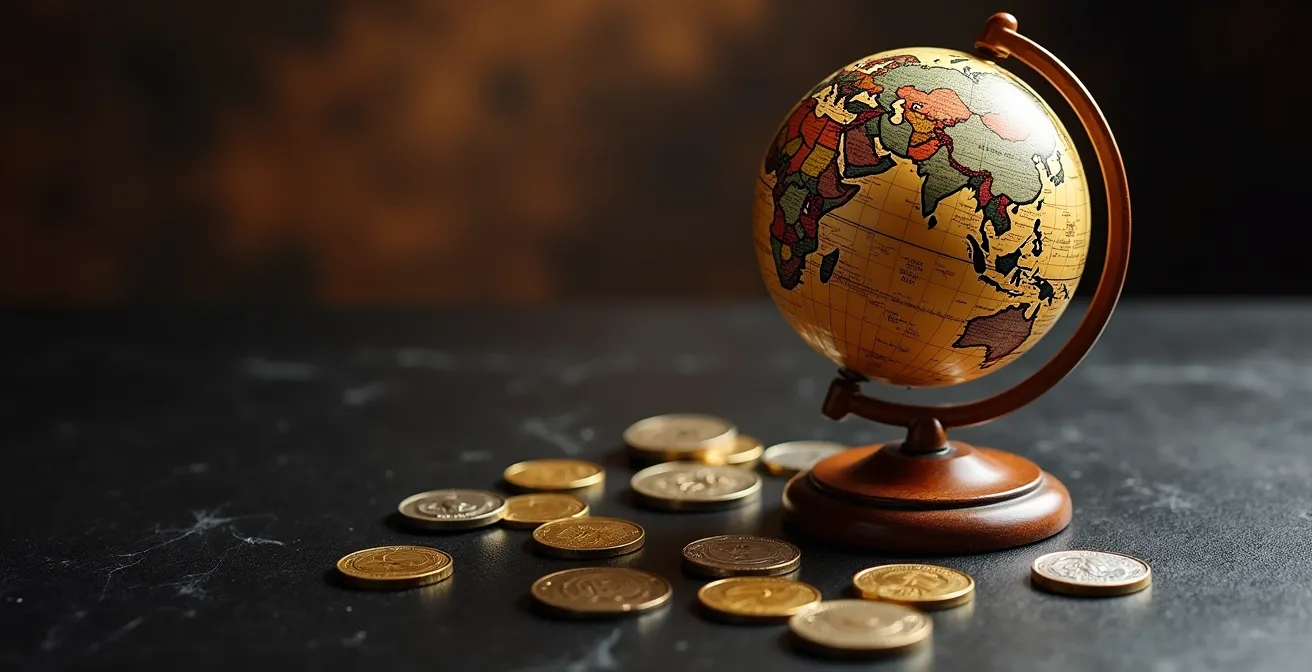 Carte du monde stylisée avec symboles de devises flottant au-dessus des continents