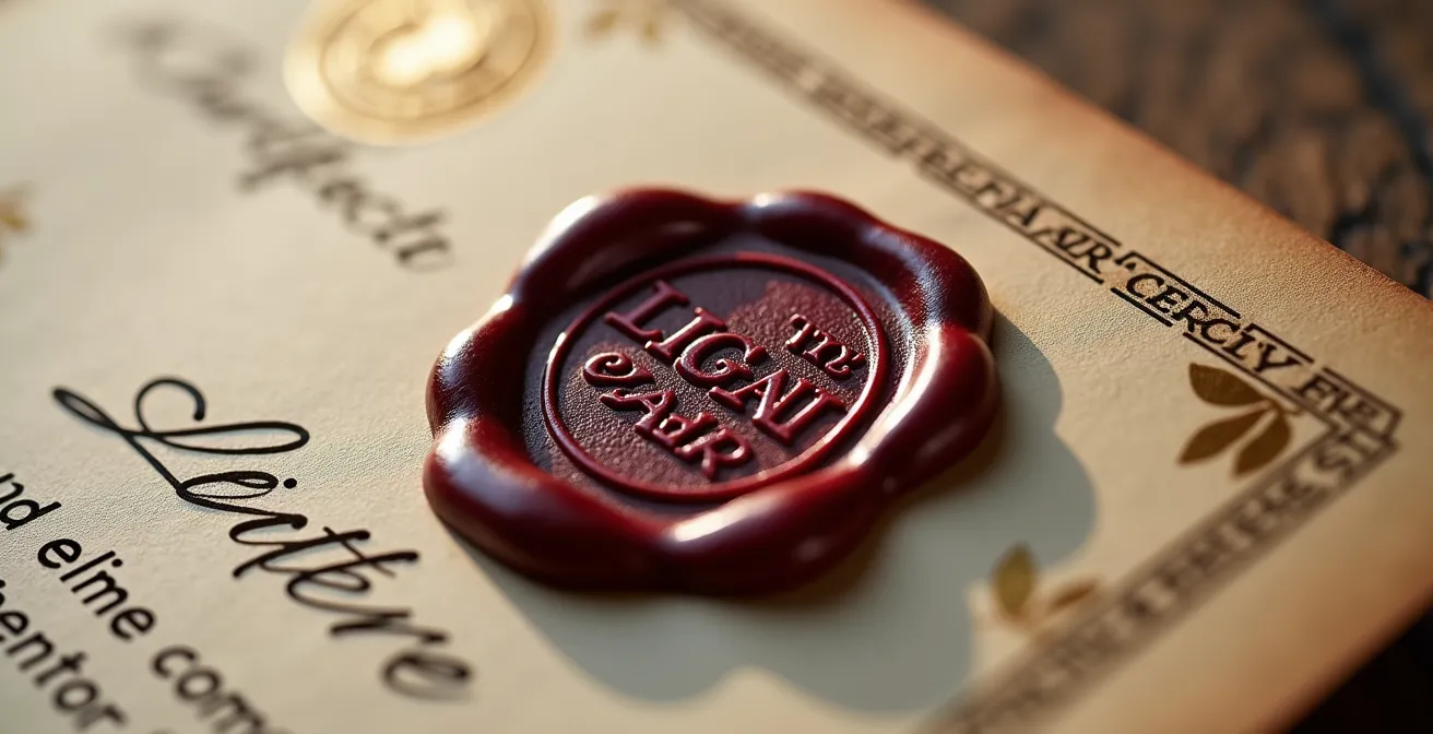 Détail macro d'un certificat d'authenticité avec cachet et signature
