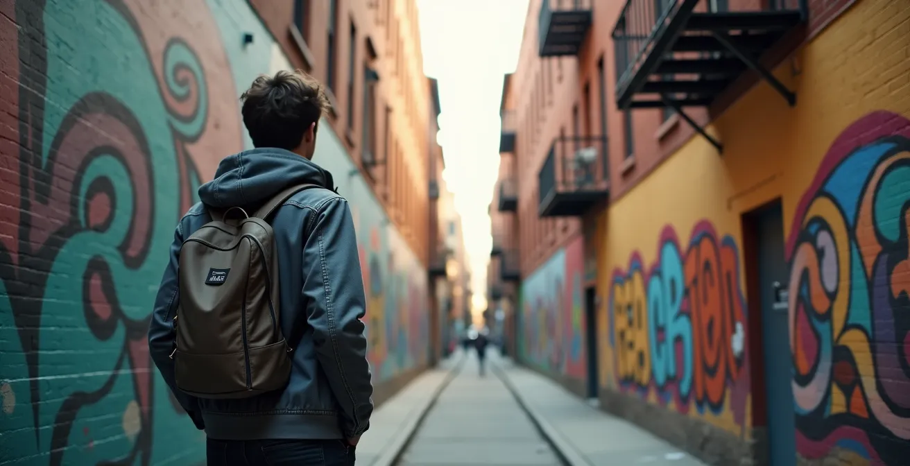 Photographe observant une fresque murale colorée dans une ruelle urbaine