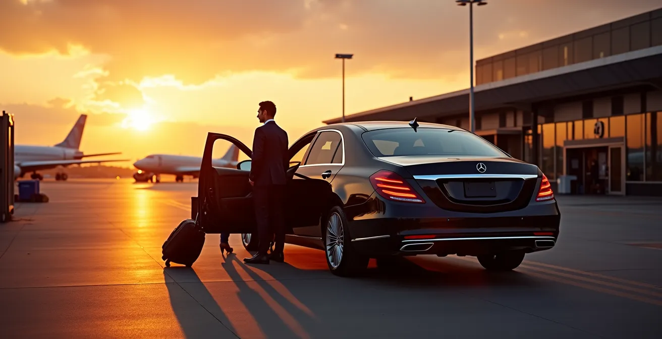 Vue arrière d'une berline de luxe devant un terminal d'aéroport au coucher du soleil