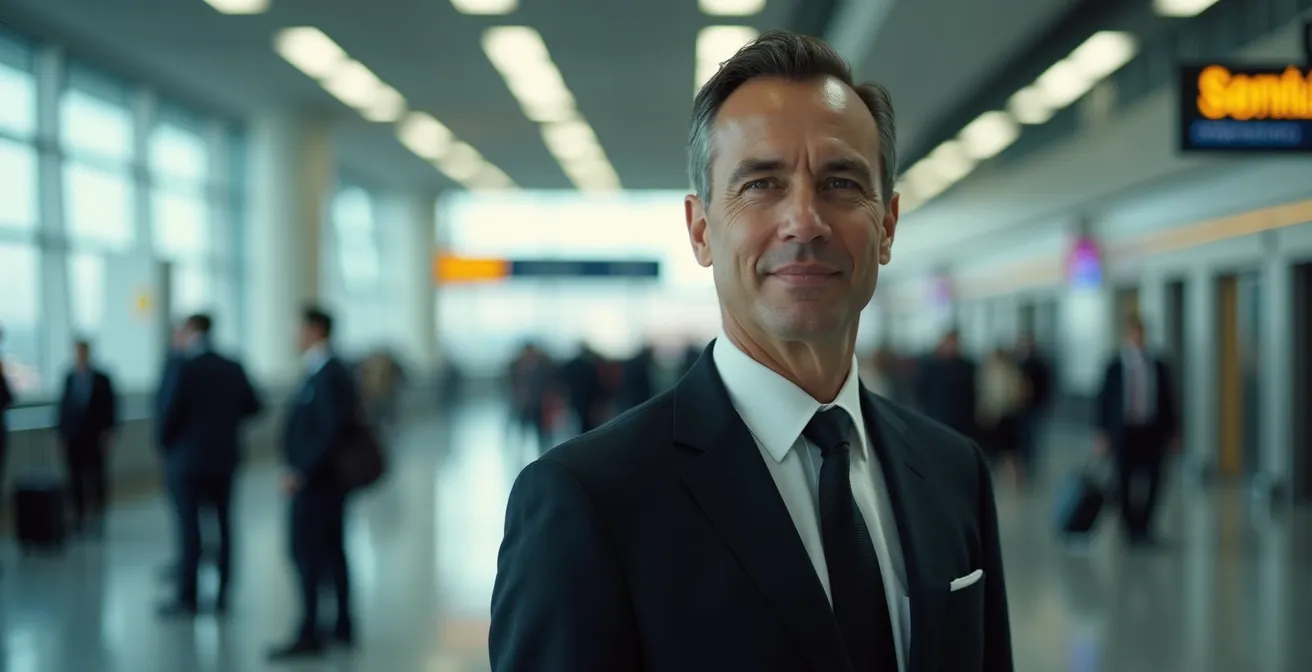 Chauffeur VIP professionnel attendant avec pancarte nominative dans un terminal d'aéroport