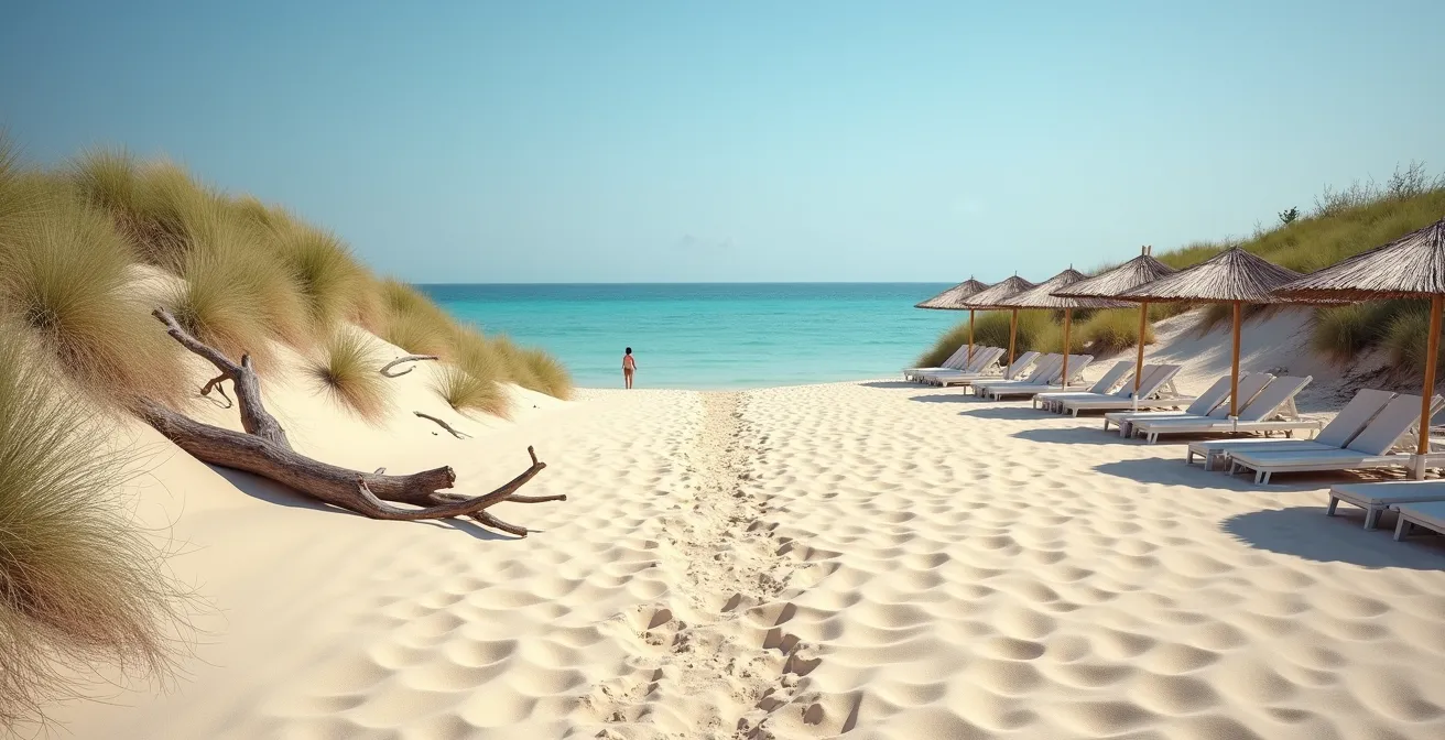 Contraste entre une plage sauvage naturelle et une plage aménagée avec des parasols et des familles