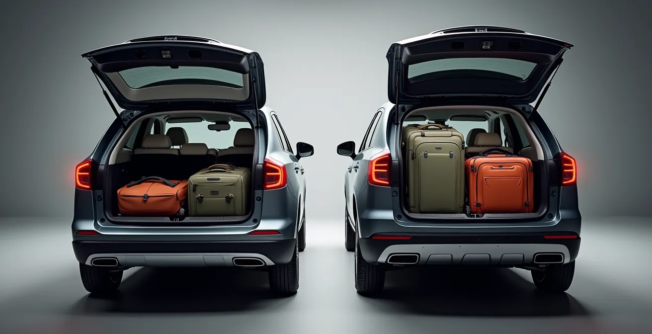 Vue comparative du coffre d'un SUV et d'une berline avec bagages