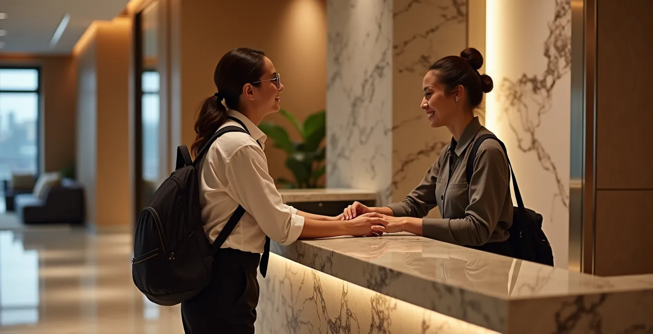 Réception d'hôtel moderne avec personnel souriant et voyageur faisant l'enregistrement