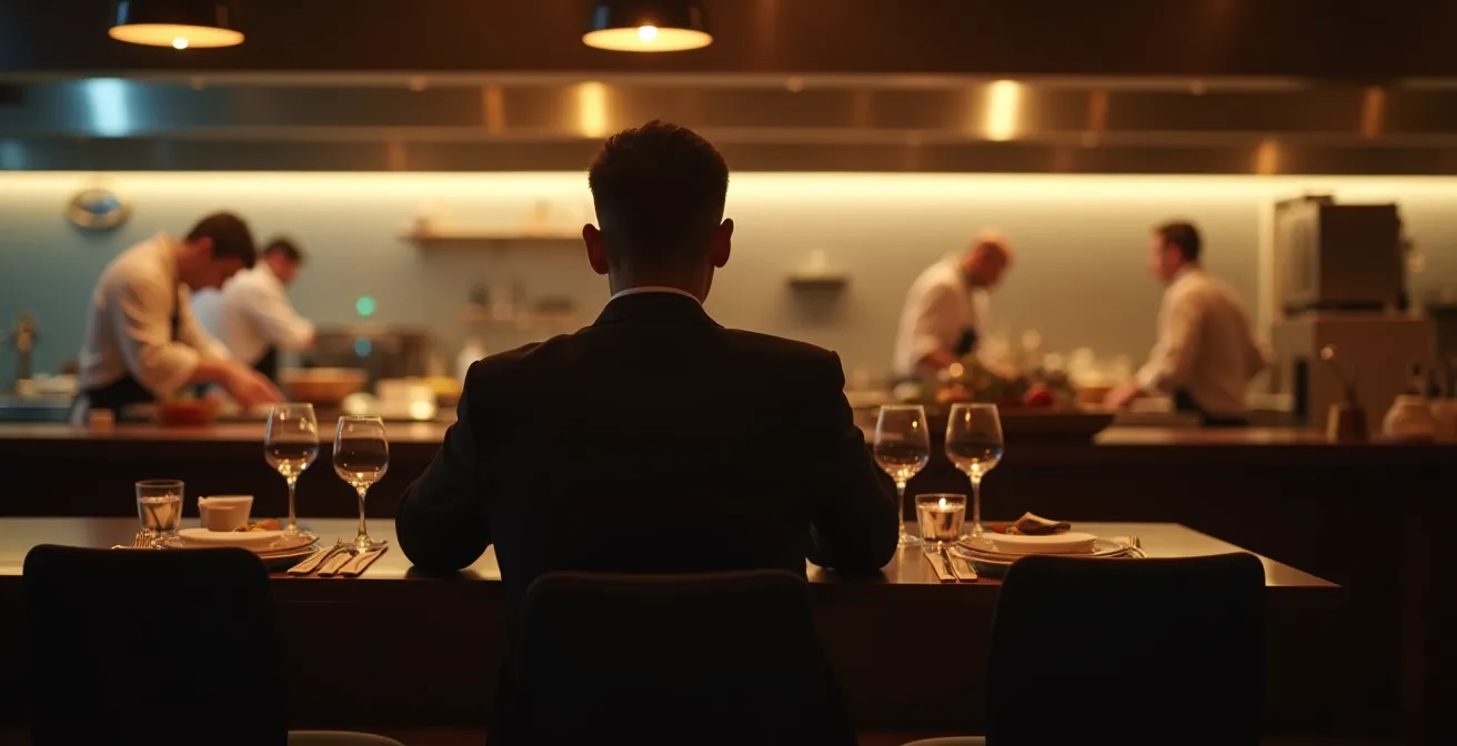Place unique au comptoir d'un restaurant étoilé avec vue directe sur la cuisine