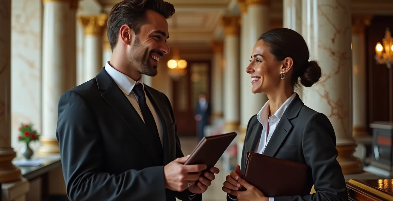 Concierge d'hôtel de luxe en discussion avec un client dans un hall élégant