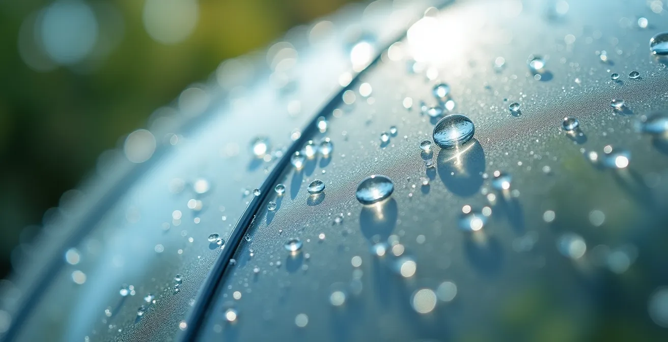 Gouttelettes de condensation sur une paroi translucide d'igloo au printemps