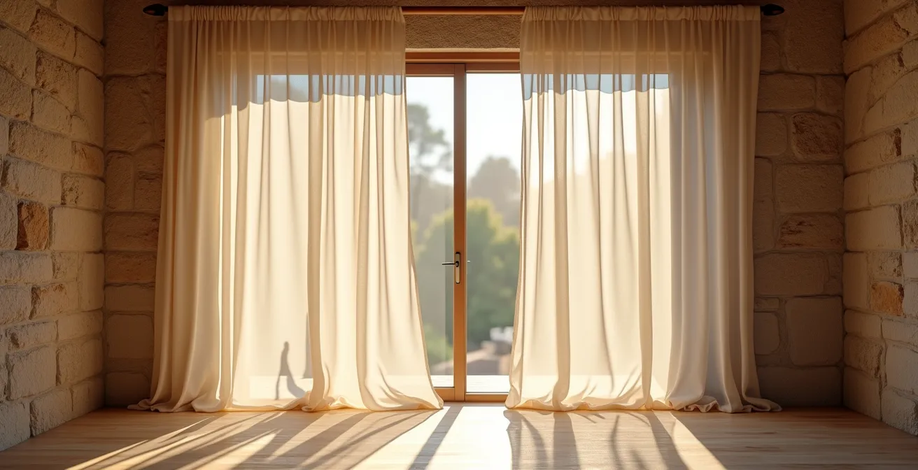 Coupe transversale d'un bâtiment montrant la ventilation naturelle traversante et les brise-soleil