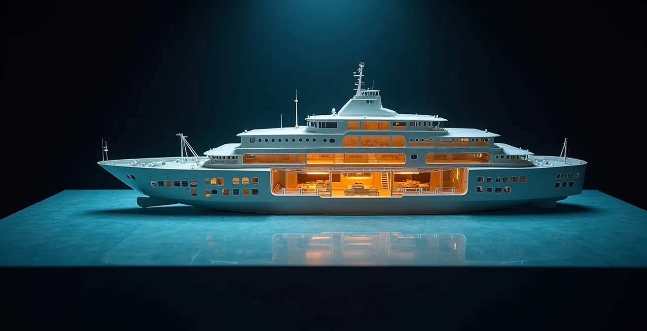 Vue en coupe d'un ferry montrant les zones de stabilité maximale au centre et sur les ponts inférieurs