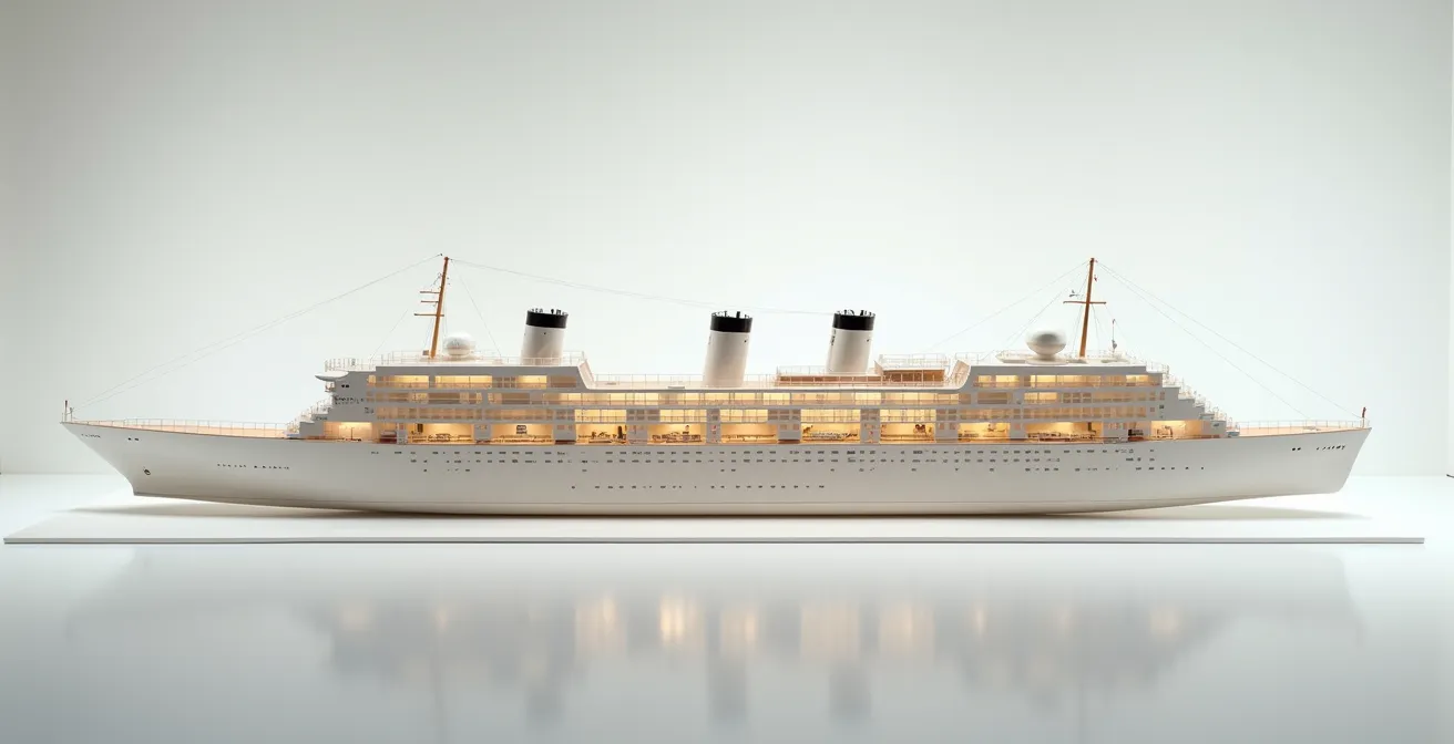 Coupe schématique d'un paquebot montrant les zones de stabilité optimales