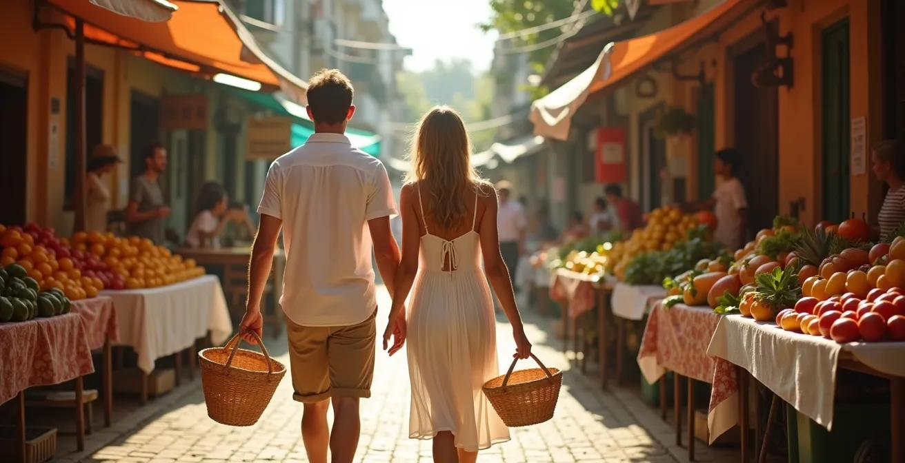 Couple explorant un marché local coloré avec panier tressé, loin de leur complexe hôtelier