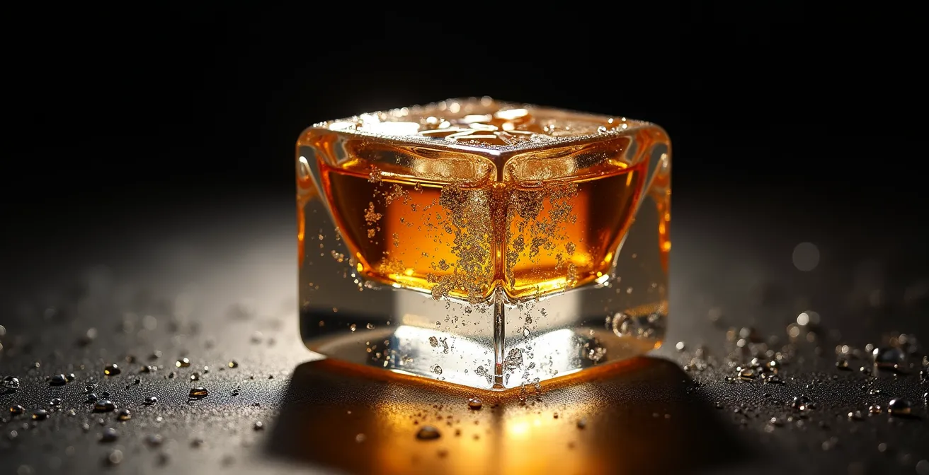 Gros plan extrême sur un glaçon parfaitement transparent dans un verre de cocktail artisanal