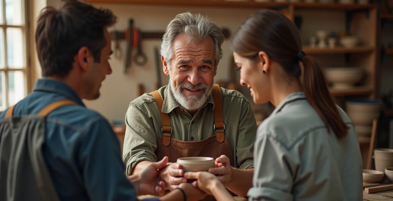 Échange respectueux entre un artisan et un client dans un atelier traditionnel