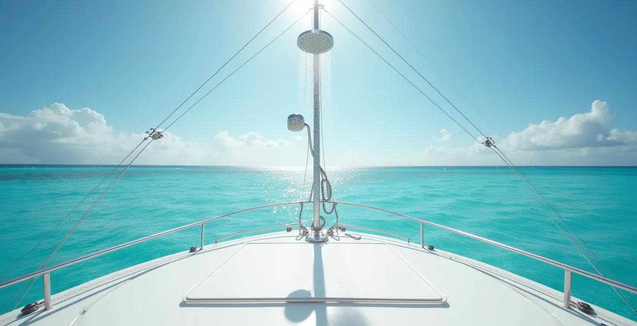 Douche de pont sur jupe arrière de catamaran avec système d'eau douce