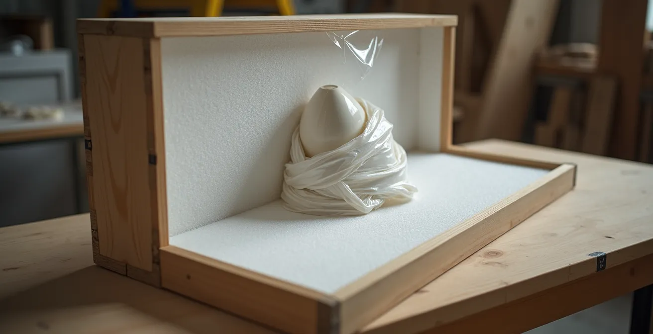 Sculpture en céramique soigneusement emballée dans une caisse en bois avec protection en mousse