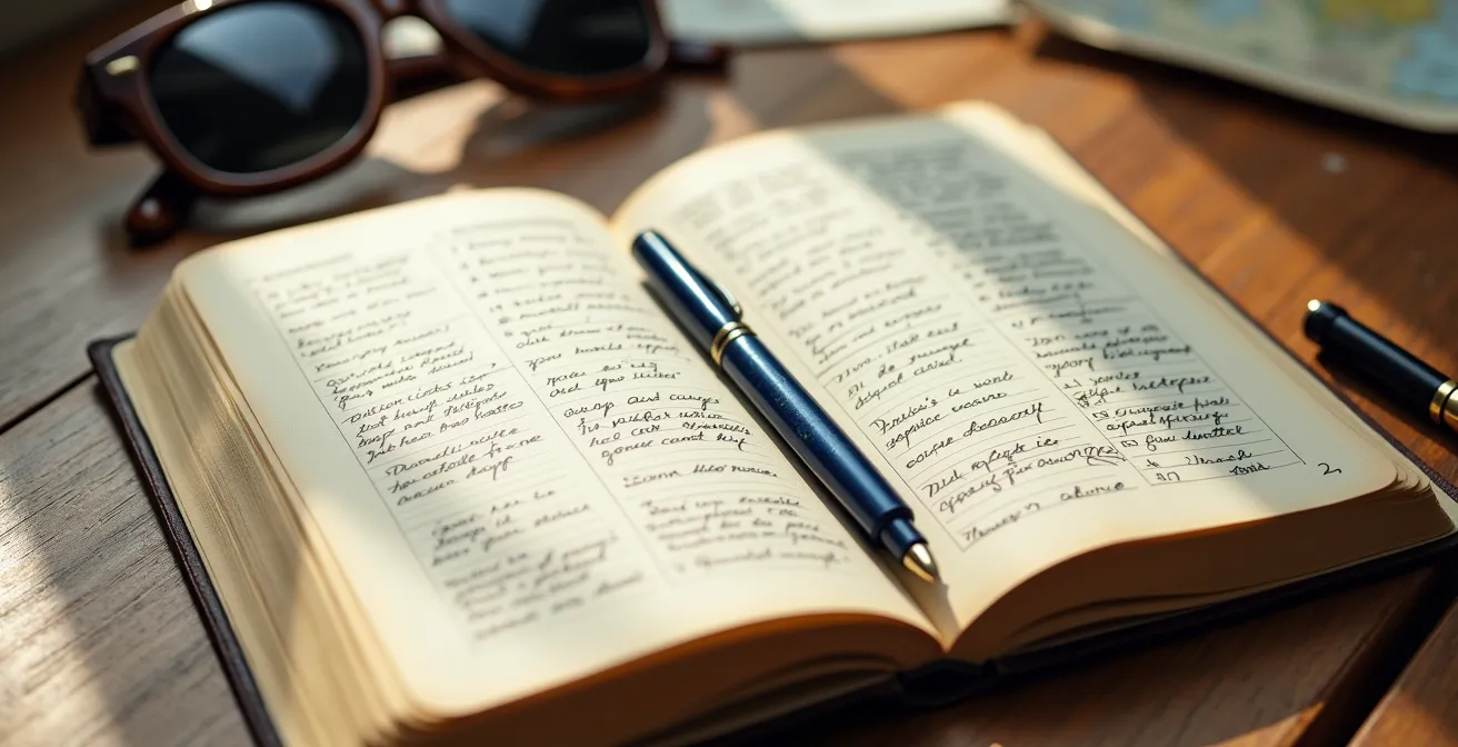 Carnet de voyage ouvert avec pages moitié remplies, moitié vierges, stylo posé sur table en bois