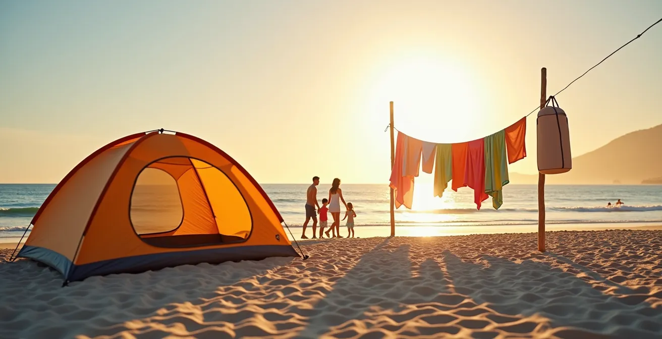 Installation de plage familiale avec tente UV et douche solaire portable