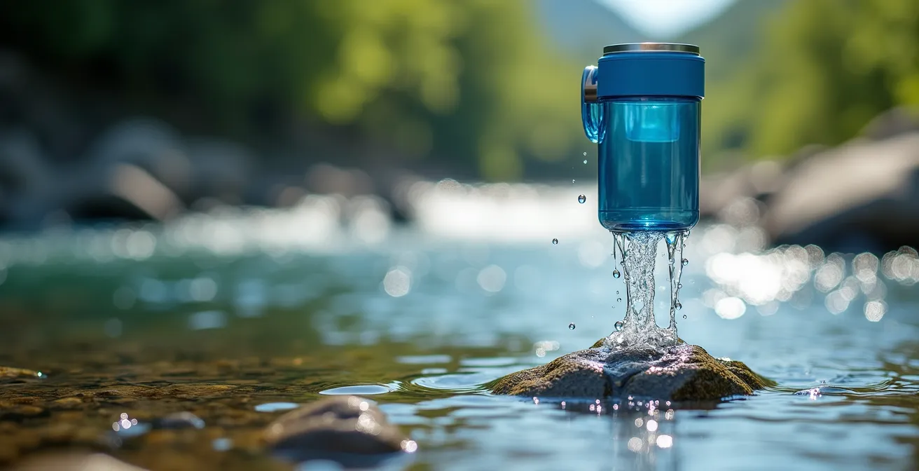 Gros plan sur un système de filtration d'eau portable utilisé près d'une rivière claire
