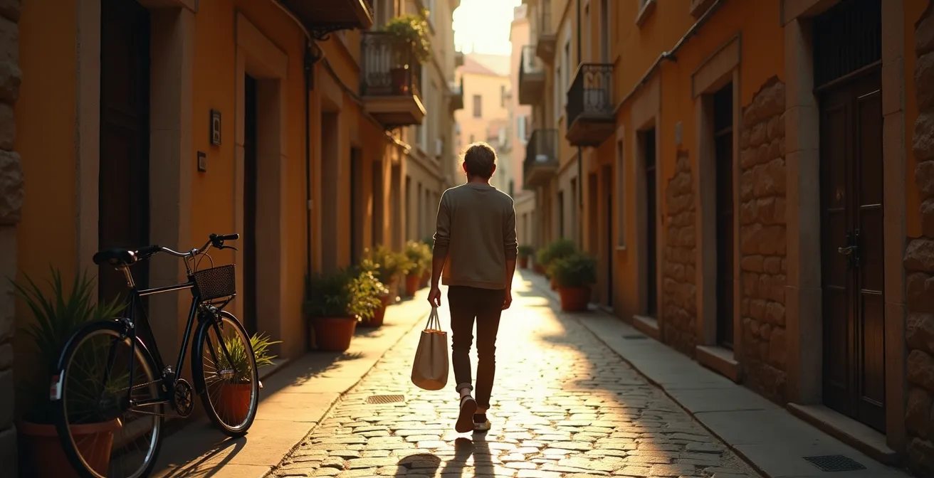 Ruelle étroite pavée bordée de boutiques artisanales avec lumière dorée filtrant entre les bâtiments
