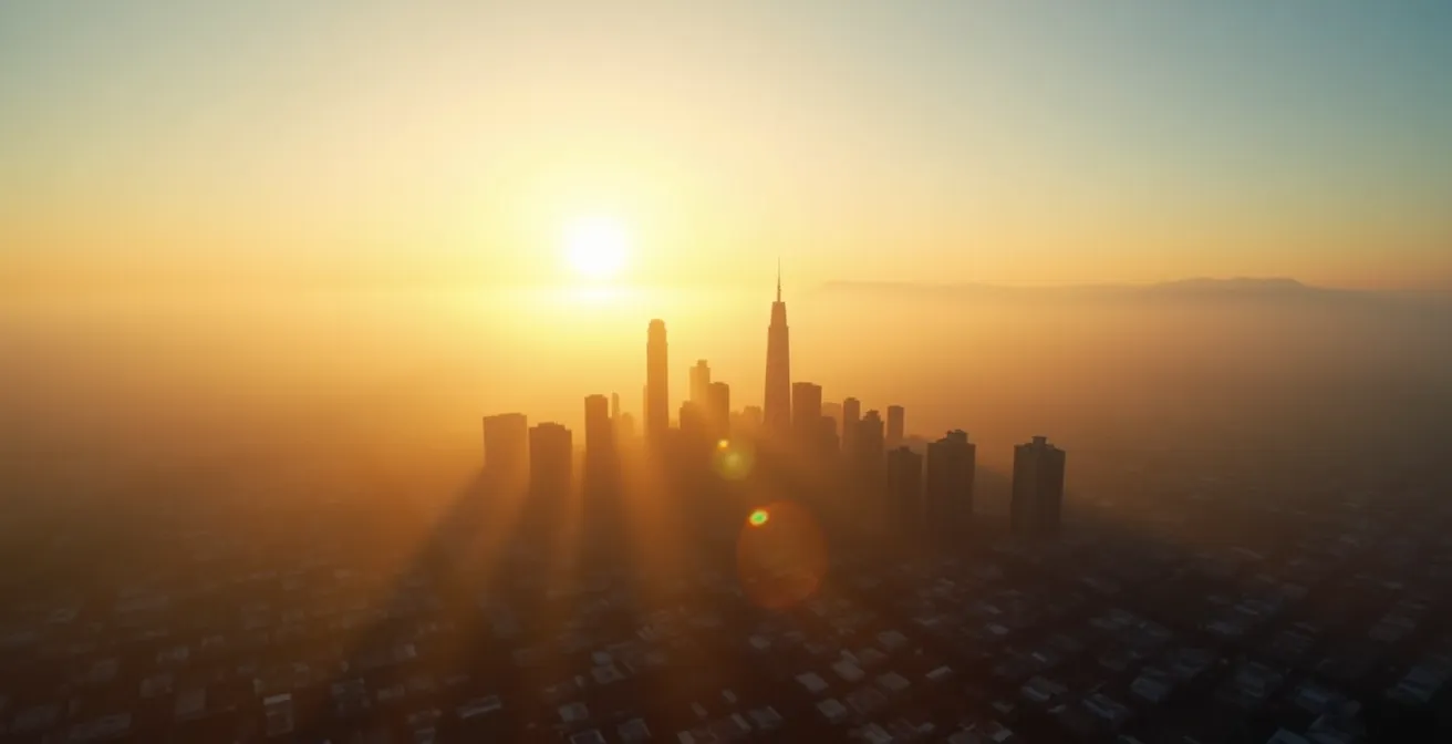Vue aérienne d'un paysage urbain baigné par la lumière dorée du soleil couchant