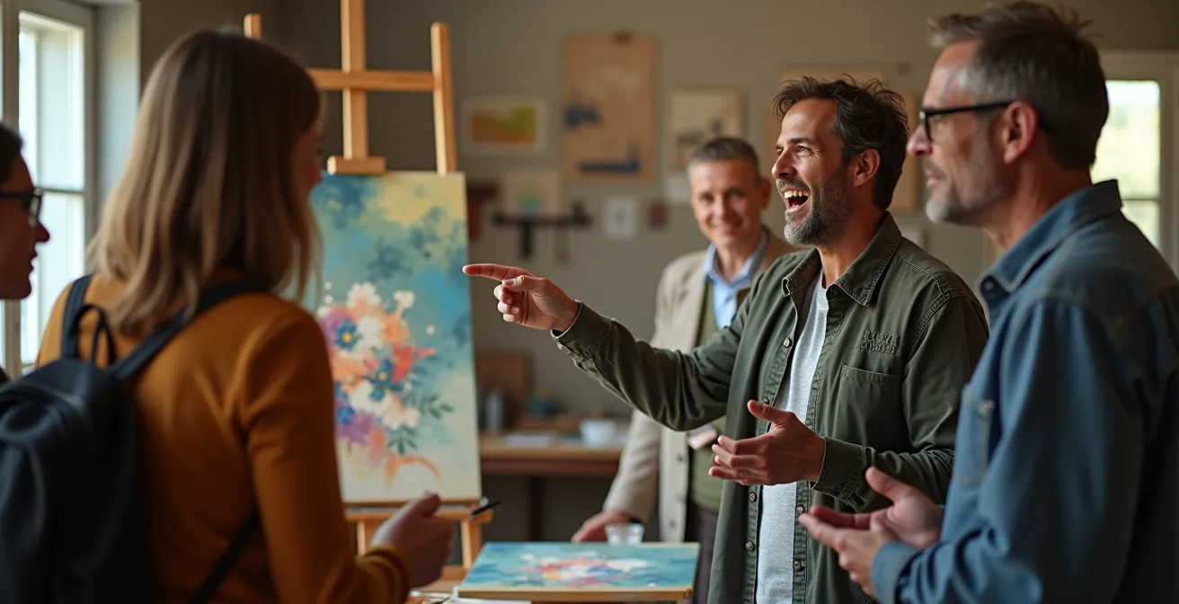 Guide local montrant des œuvres dans un atelier d'artiste traditionnel avec lumière naturelle