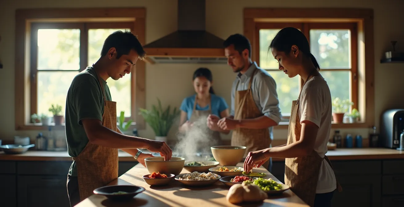 Famille locale et voyageur préparant ensemble un repas dans une cuisine traditionnelle
