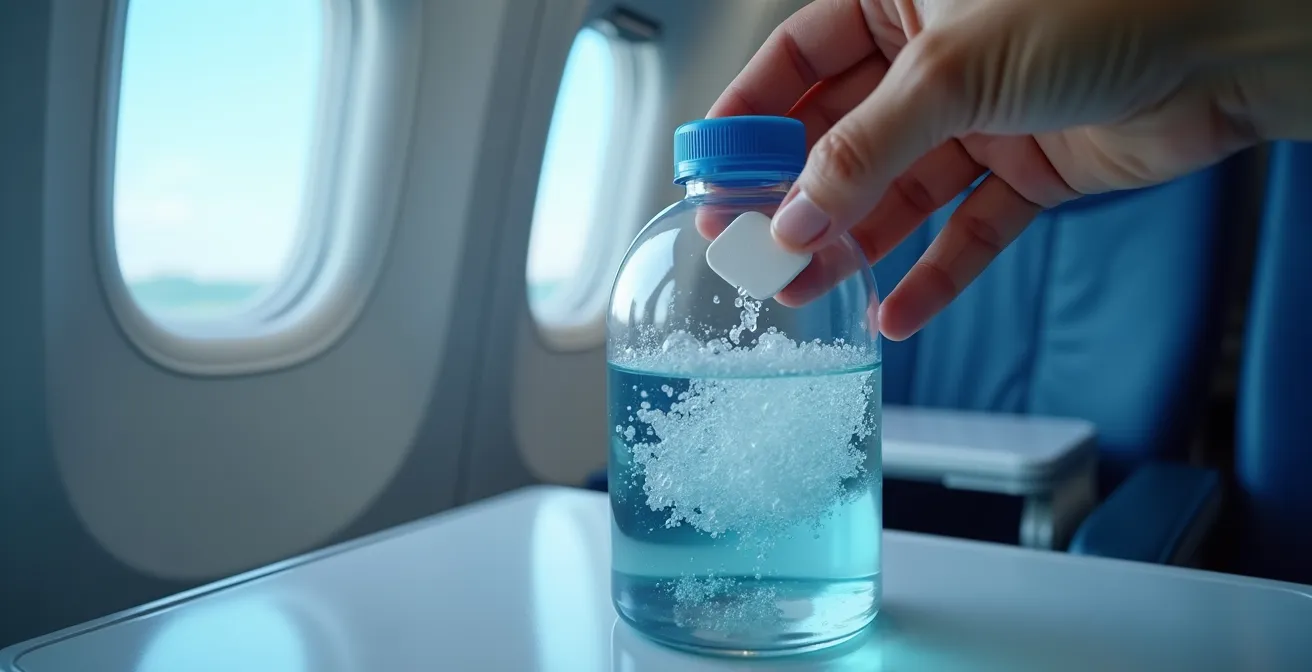 Gros plan sur une main tenant une bouteille d'eau avec pastilles d'électrolytes effervescentes