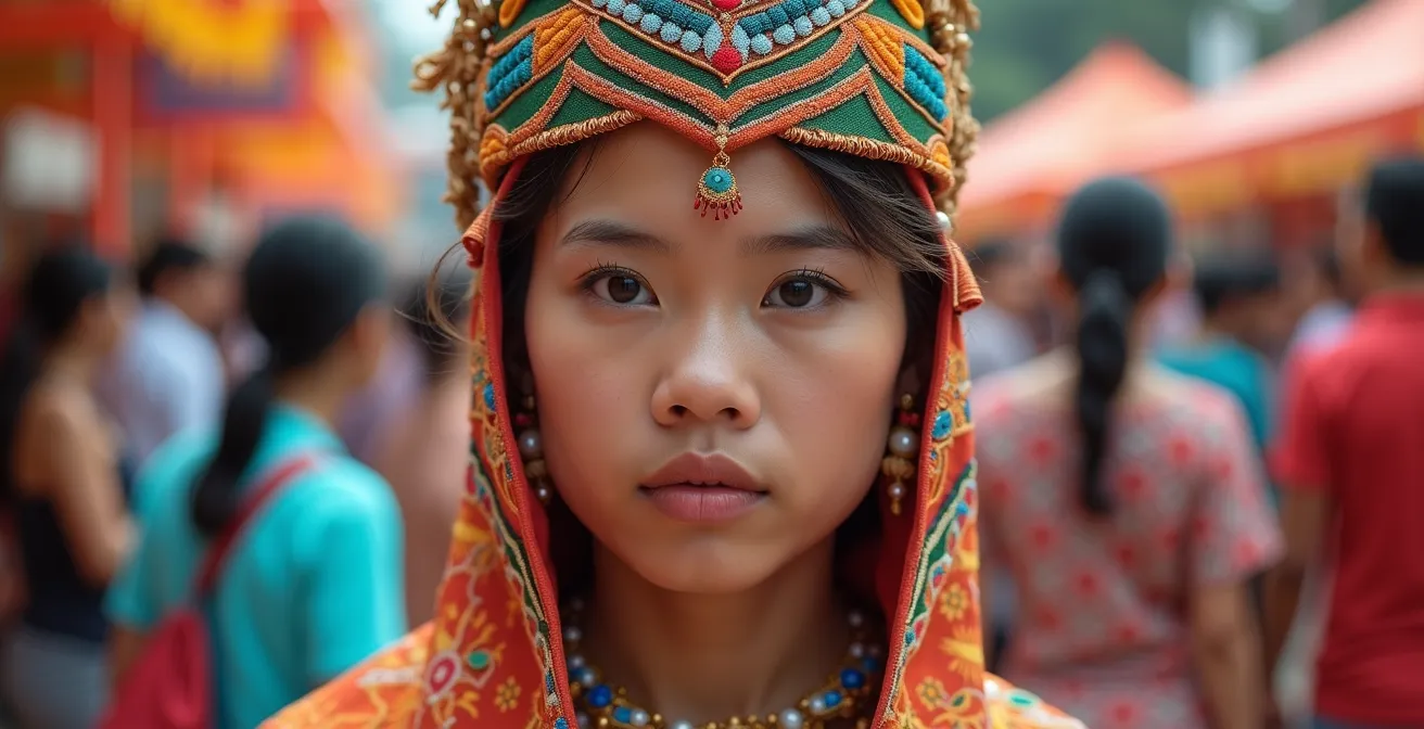 Comparaison entre un participant en costume traditionnel authentique et des touristes en tenue ordinaire lors d'un festival