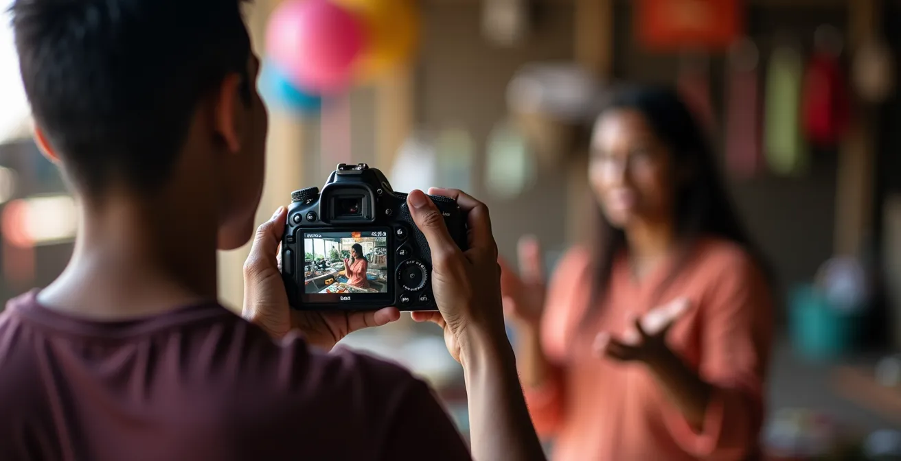 Photographe montrant son écran d'appareil photo à une personne locale souriante