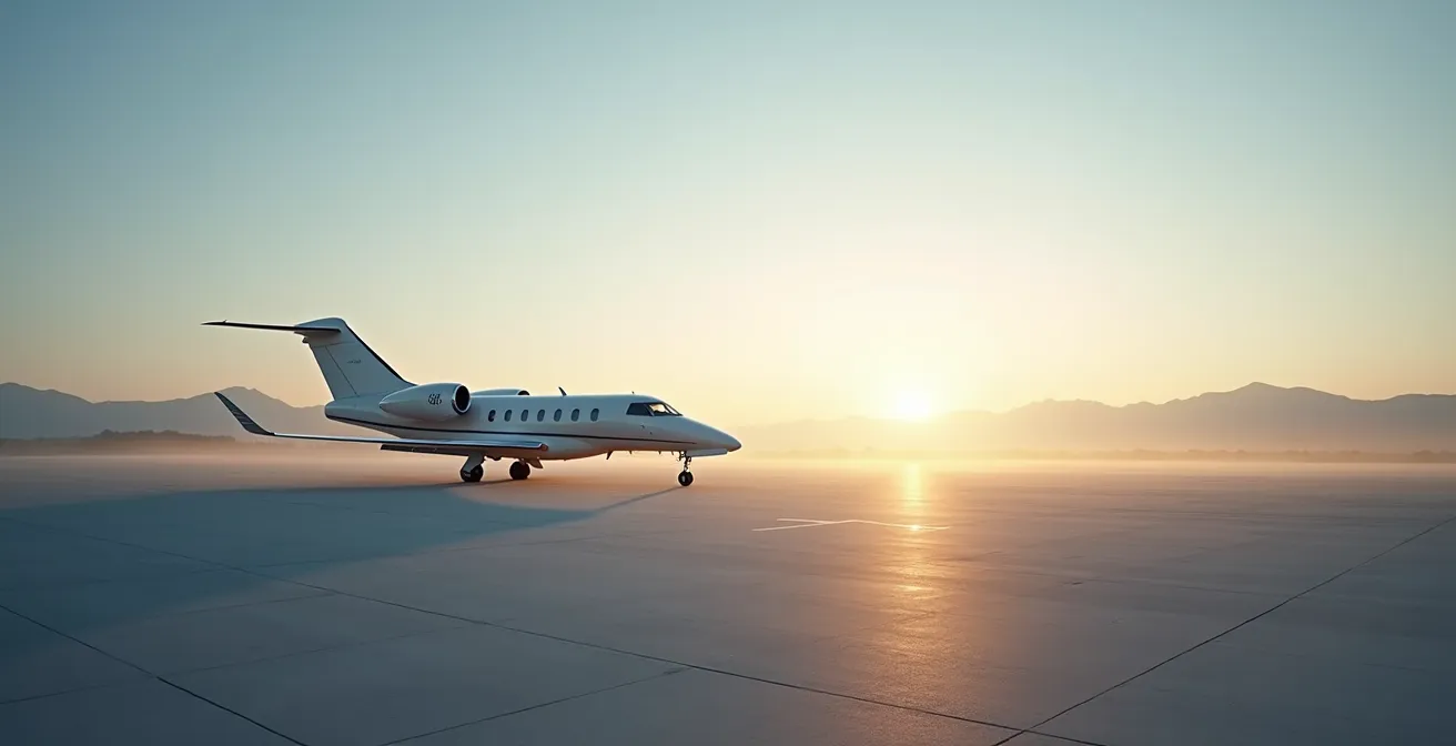 Vue large d'un terminal d'aviation privée au lever du soleil avec un jet en arrière-plan