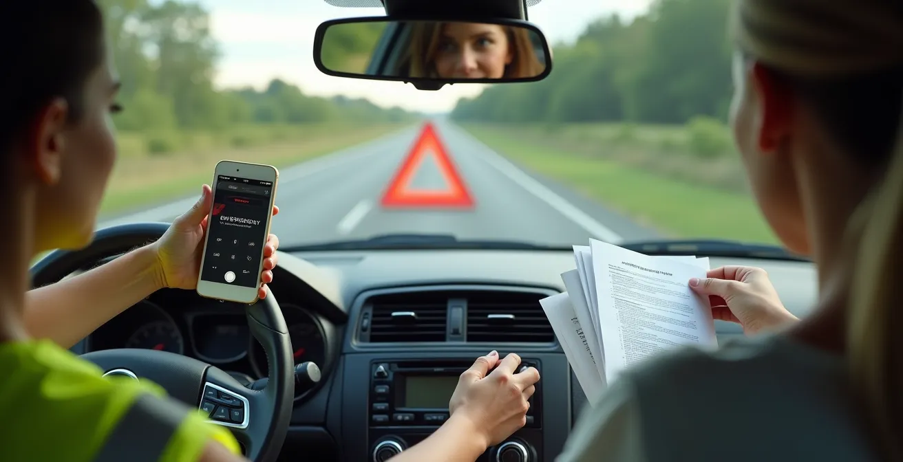 Kit d'urgence avec téléphone, documents d'assurance et triangles de signalisation