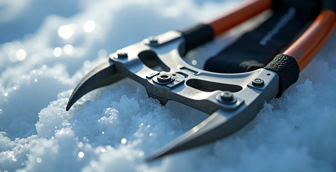 Détail technique de crampons et piolet d'alpinisme