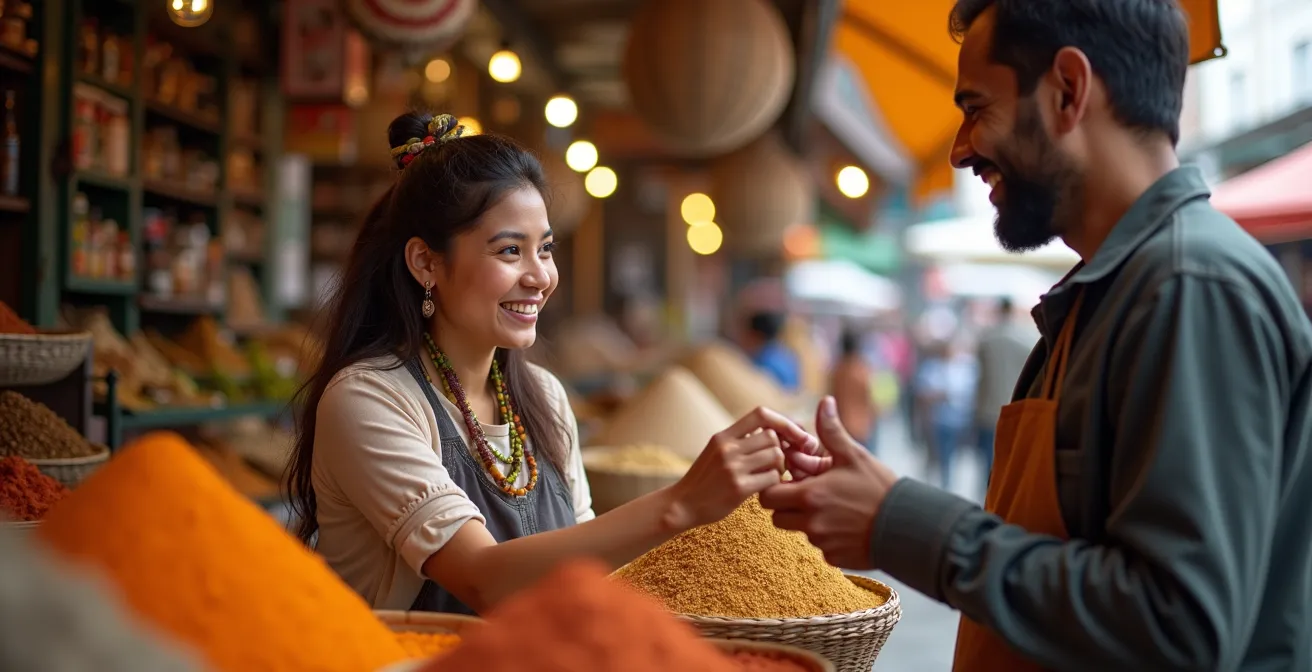 Interaction chaleureuse entre un vendeur local et un touriste négociant avec le sourire