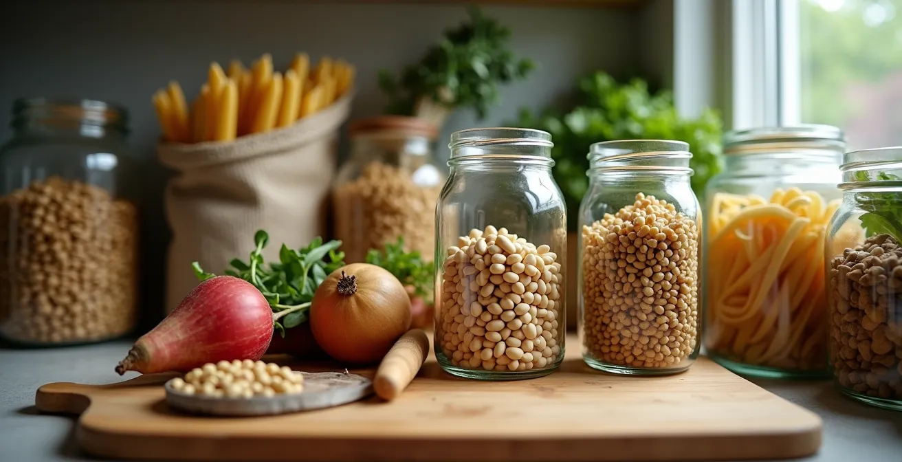 Intérieur de van avec cuisine compacte organisée et aliments conservés