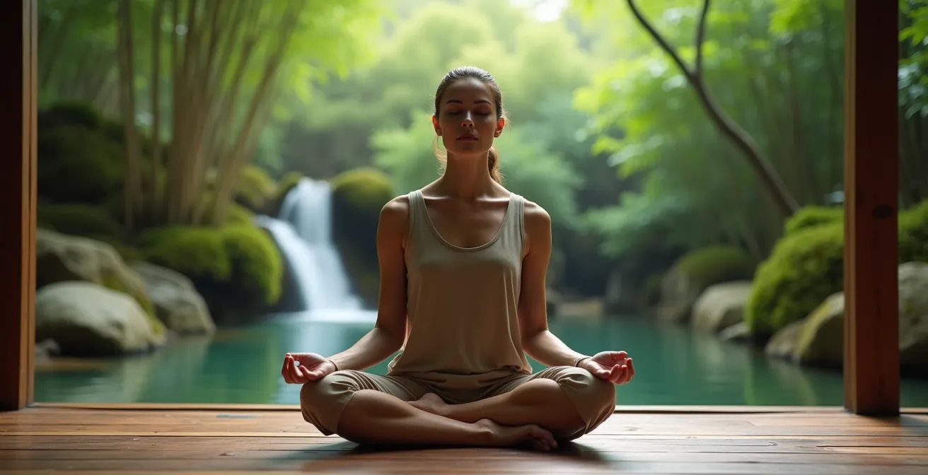 Personne en méditation dans un jardin zen avec cascade