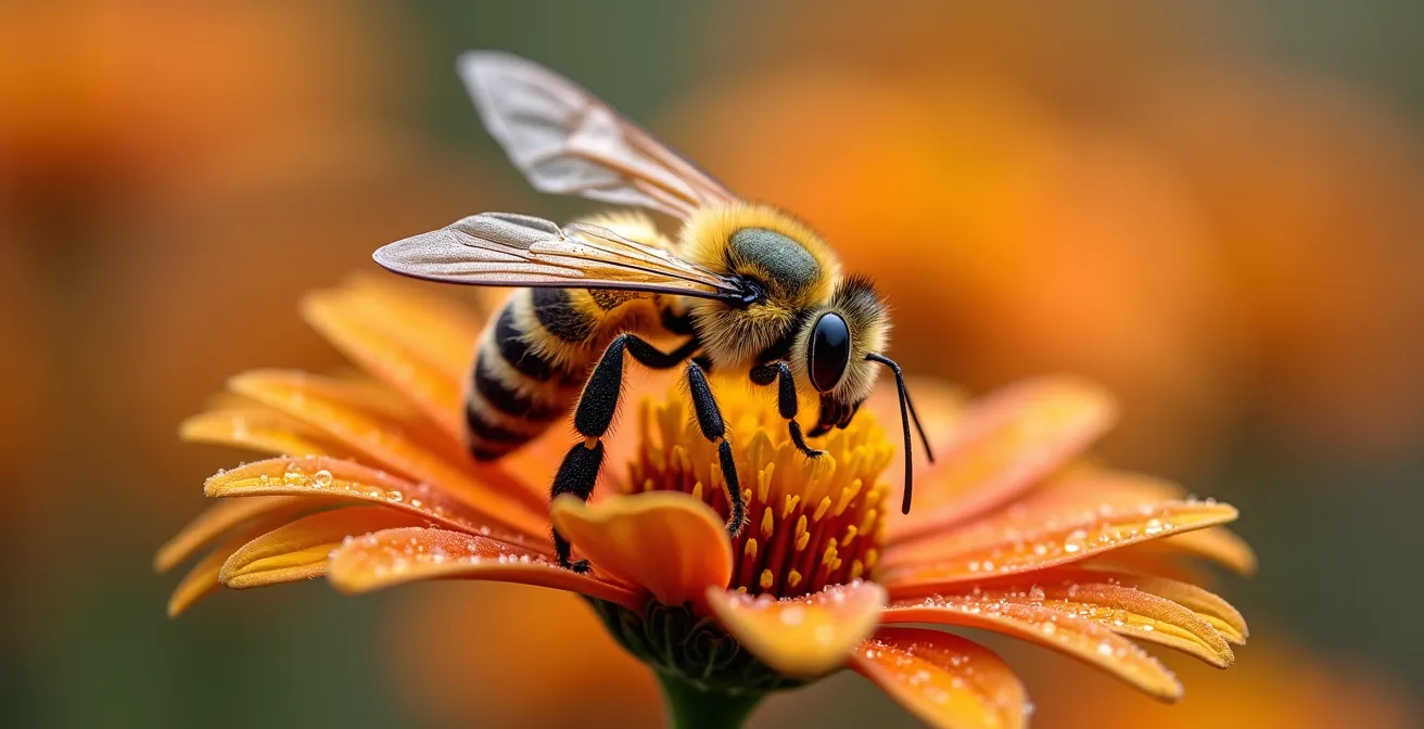Macro photographie d'insectes pollinisateurs sur des fleurs sauvages près d'un hébergement écologique