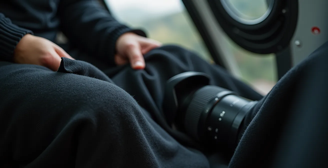 Photographe en tenue sombre mate préparant son équipement dans un hélicoptère