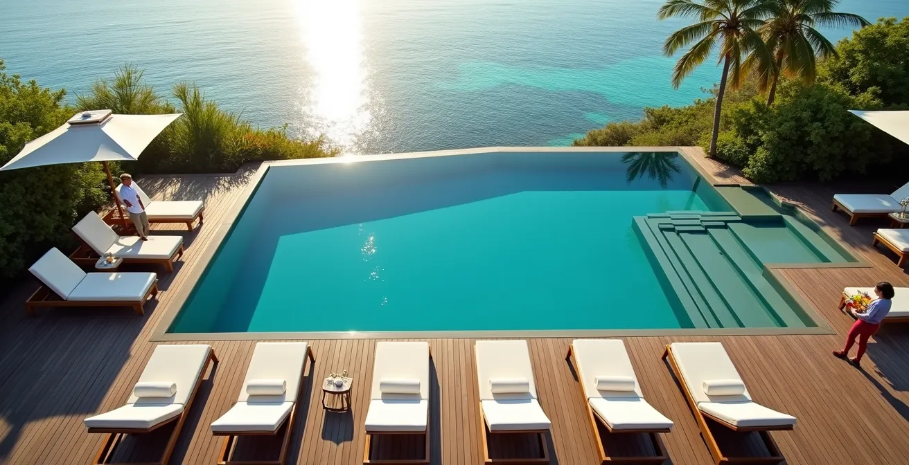 Vue aérienne d'une piscine d'hôtel de luxe avec transats et service de bar