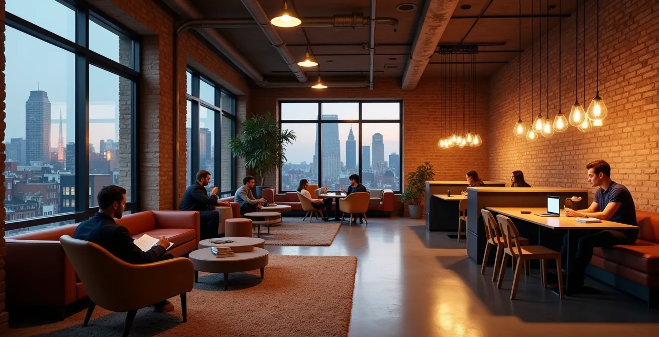 Espace commun moderne d'un poshtel avec mobilier design et voyageurs travaillant sur ordinateurs