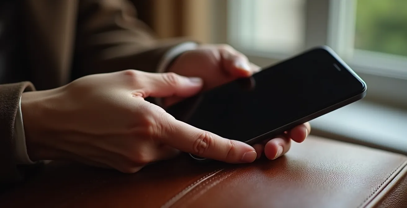 Gros plan sur les mains d'une personne tenant un smartphone avec écran éteint dans un intérieur luxueux