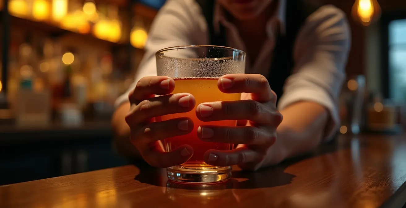 Gros plan sur des mains protégeant un verre dans l'ambiance tamisée d'un bar